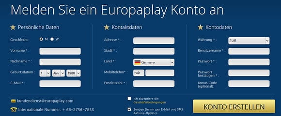 Europa Casino Anmeldeformular