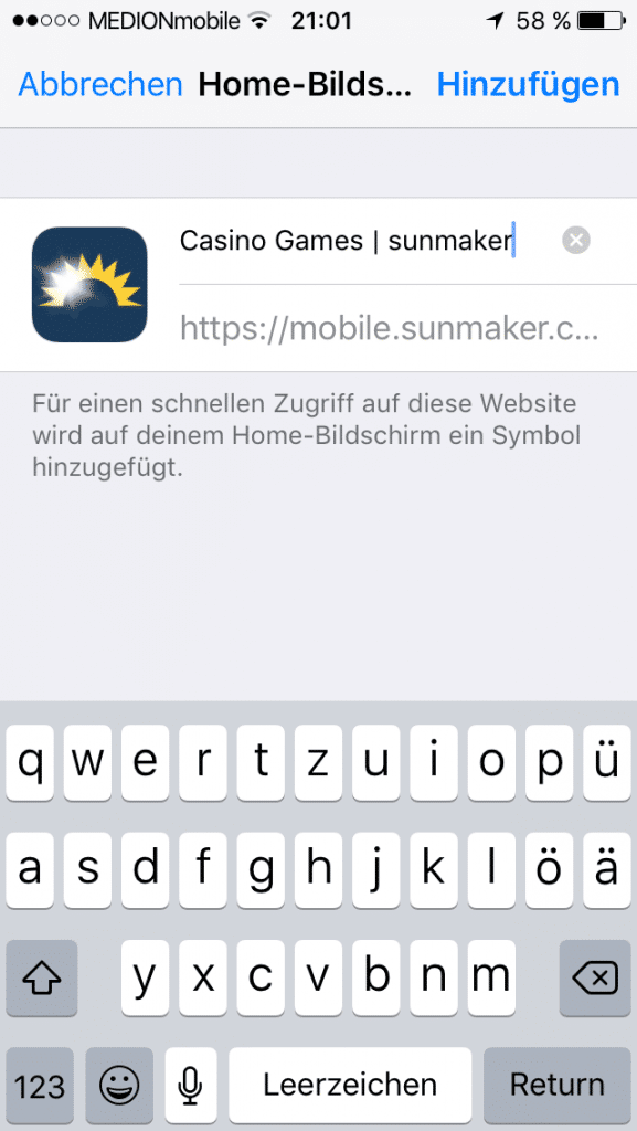 Sunmaker Homebildschirm hinzufügen